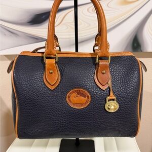 Dooney & Bourke Navy Pebble Leather Satchel with Tan Trim